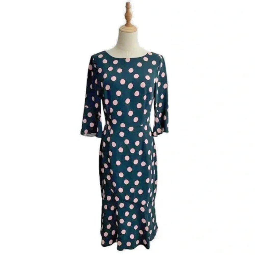 Boden Sz 6 Polka Dot Flippy Pencil Dress Teal Green Pink Flutter Sleeve